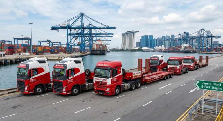 fleet of modern red and white Nam Seng Cargo heavy haulage trucks lined up at a commercial port terminal in Singapore