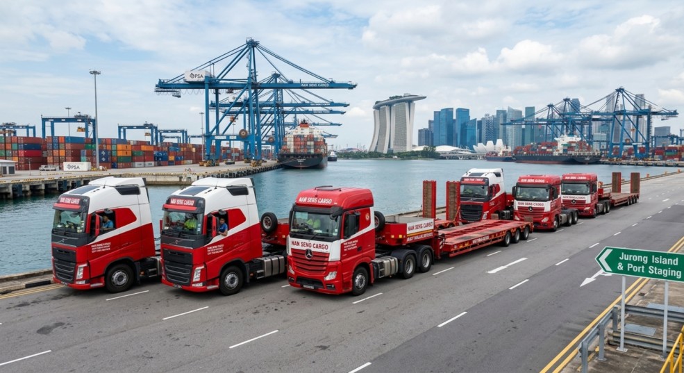 fleet of modern red and white Nam Seng Cargo heavy haulage trucks lined up at a commercial port terminal in Singapore