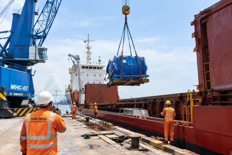 Ship loading services Singapore crew lifting cargo onto vessel at port